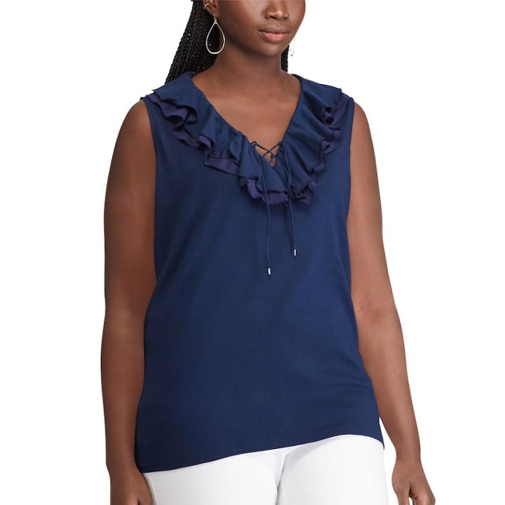 Plus Size Chaps Ruffle Lace-up Tank, Women's, Size: 3xl, Blue