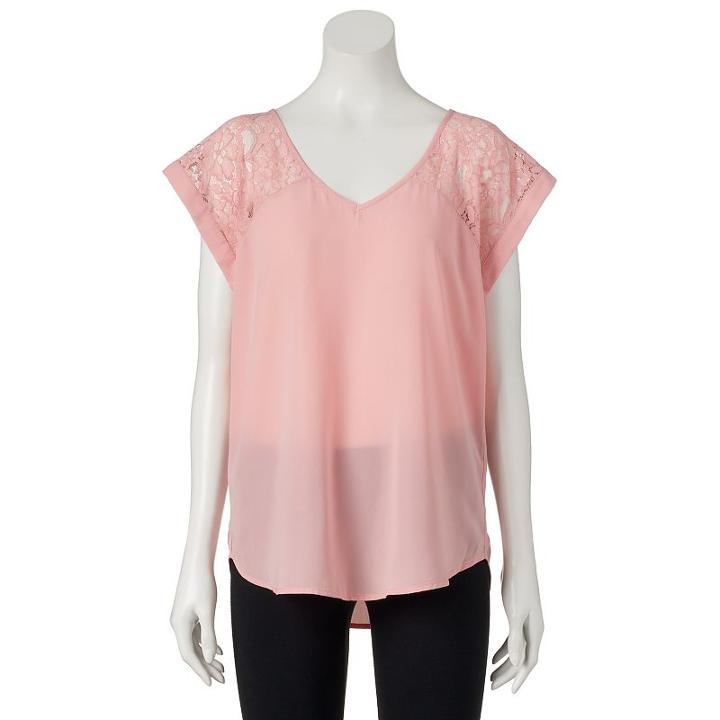 Juniors' Miss Chievous V-neck Lace Yoke Top, Girl's, Size: Small, Light Pink