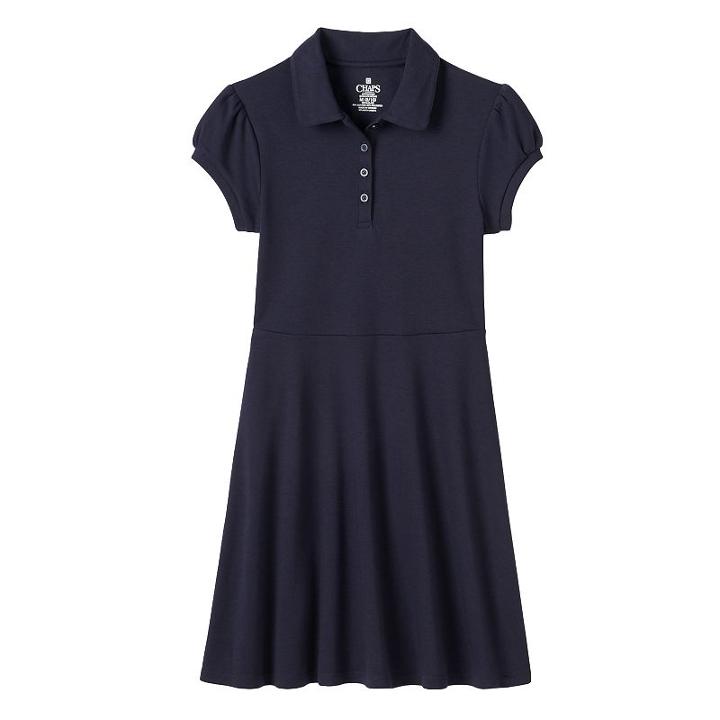 Girls 7-14 Chaps School Uniform Fit & Flare Short-sleeved Dress, Size: 7, Blue (navy)