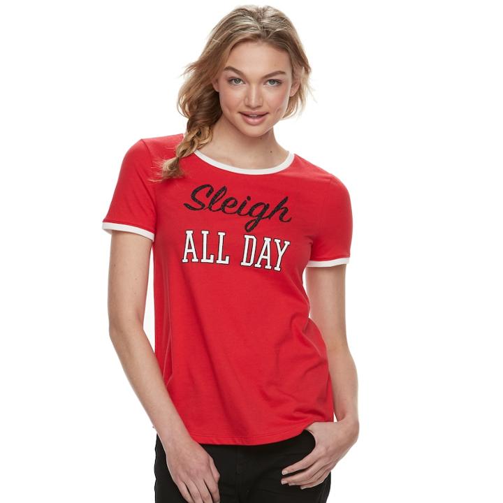 Juniors' So® Pajamas: Holiday Ringer Graphic Tee, Teens, Size: Large, Med Red