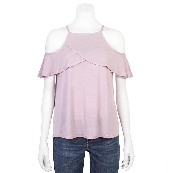 Juniors' Grayson Threads Cold Shoulder Ruffle Top, Girl's, Size: Small, Lt Purple