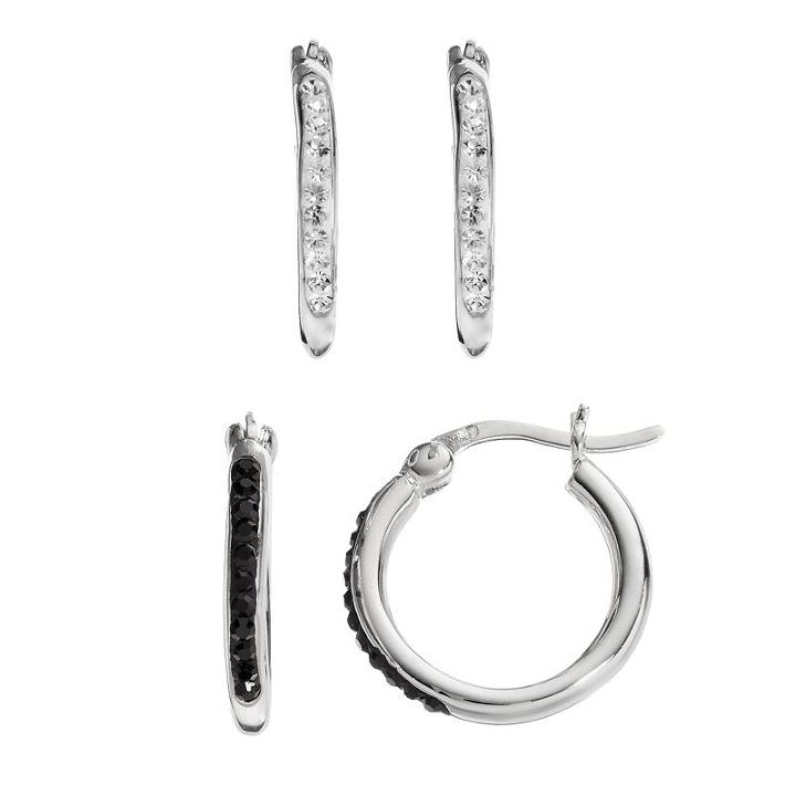 Chrystina Silver Plated Black & White Crystal Hoop Earring Set, Women's