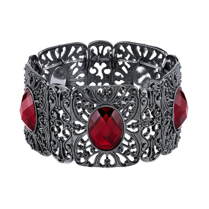 1928 Filigree Faceted Oval Stone Stretch Bracelet, Women's, Size: 7, Red