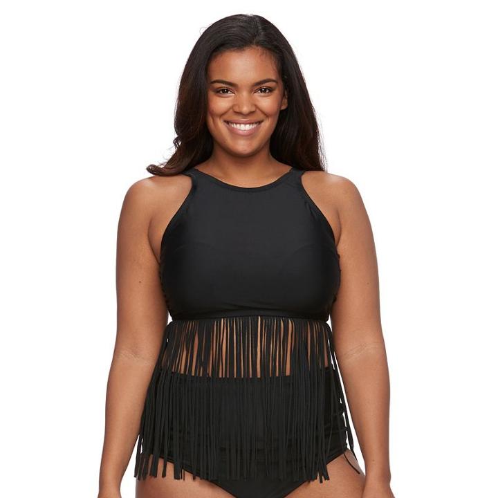 Plus Size Pink Envelope Bust Enhancer Fringe Bikini Top, Women's, Size: 1xl, Black
