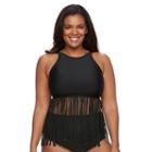 Plus Size Pink Envelope Bust Enhancer Fringe Bikini Top, Women's, Size: 1xl, Black