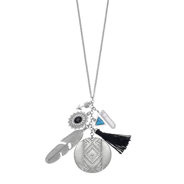 Mudd&reg; Arrow, Feather & Tassel Charm Necklace, Women's, Black
