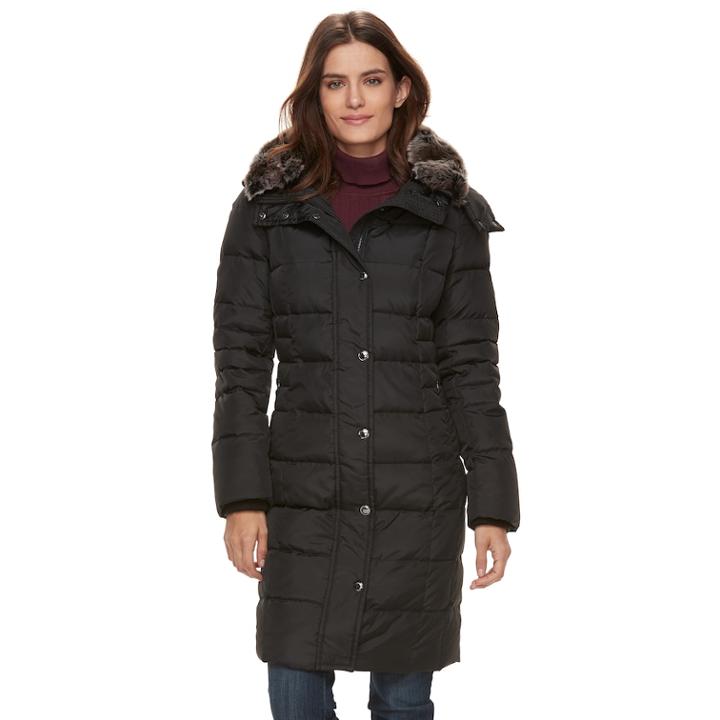 Women's Tower By London Fog Long Faux-fur Trim Down Puffer Jacket, Size: Small, Black