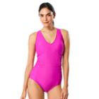 Women's Speedo Tummy Slimming V-neck One-piece Swimsuit, Size: 6, Brt Pink