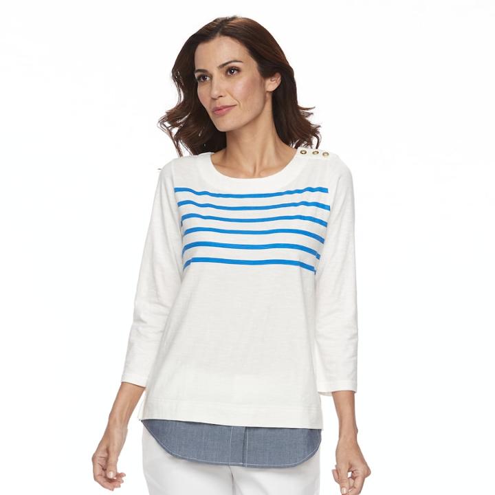Women's Caribbean Joe Striped Chambray Hem Top, Size: Xl, White