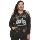 Plus Size Rock & Republic&reg; Lace-up Cold-shoulder Graphic Hoodie, Women's, Size: 3xl, Black