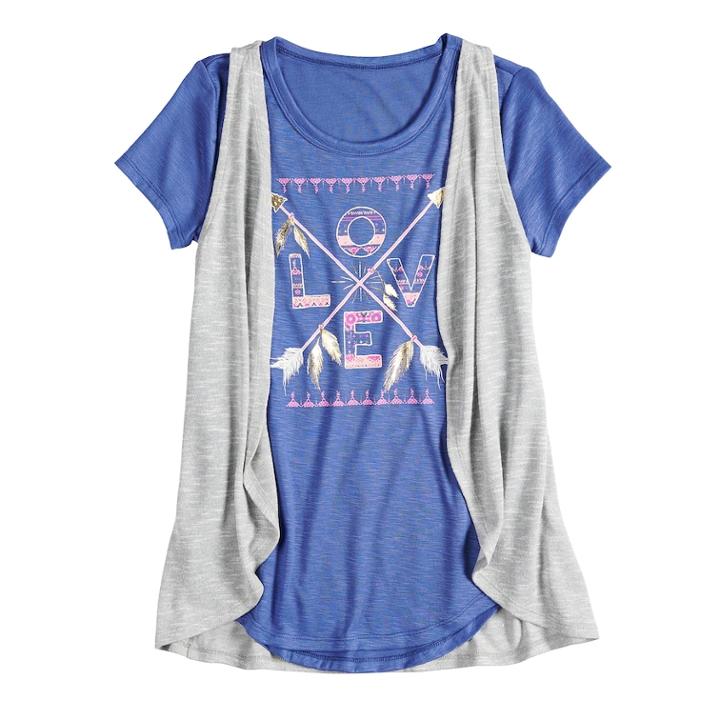 Girls 7-16 & Plus Size Mudd&reg; Graphic Print Tee & Vest Set, Size: 10, Med Blue