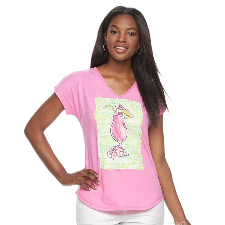 Women's Caribbean Joe Tropical V-neck Tee, Size: Medium, Med Pink