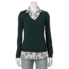 Petite Croft & Barrow&reg; Mock-layer V-neck Sweater, Women's, Size: S Petite, Dark Green