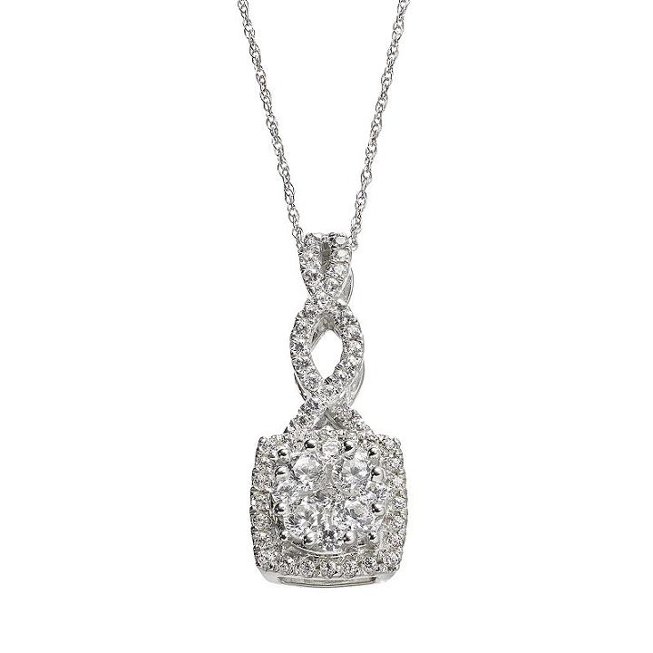 3/4 Carat T.w. Diamond 10k White Gold Twist Square Halo Pendant Necklace, Women's