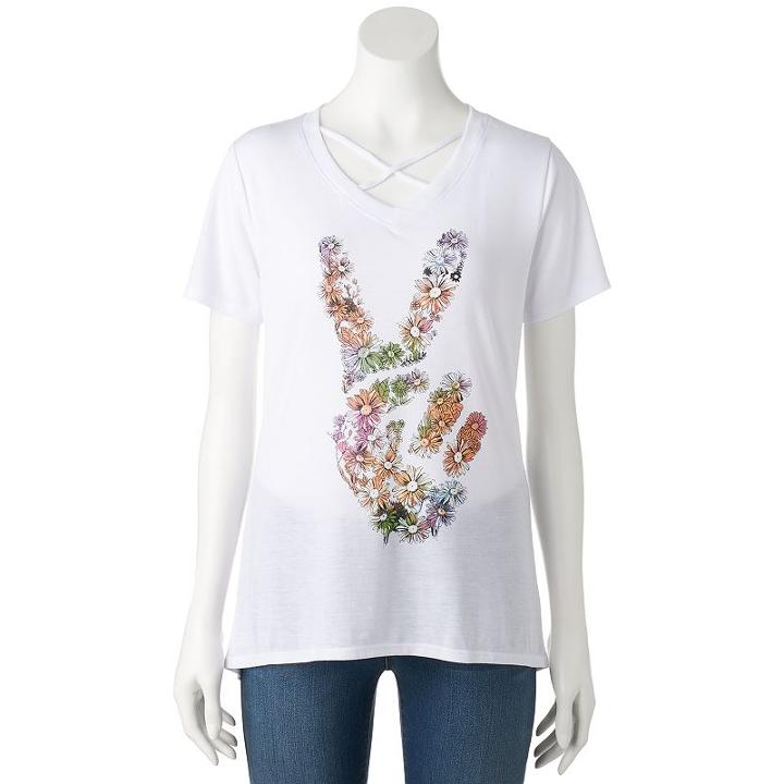 Juniors' Floral Peace Crisscross Graphic Tee, Girl's, Size: Medium, White