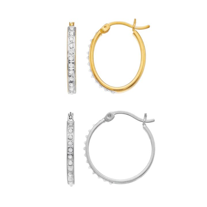 Diamond Mystique 18k Gold Over Silver & Platinum Over Silver Diamond Accent Round & Oval Hoop Earring Set, Women's, White