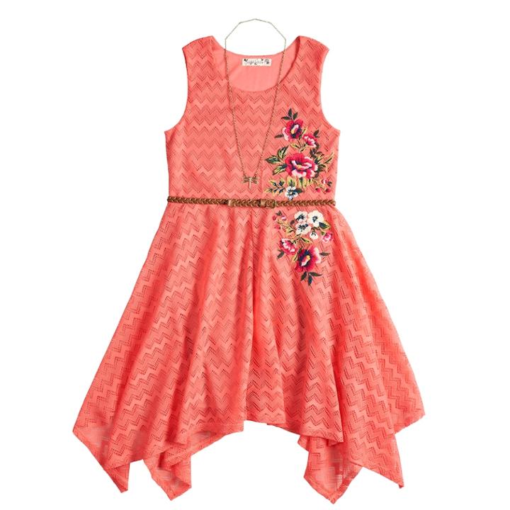 Girls 7-16 Knitworks Lace Sharkbite Belted Dress & Necklace Set, Size: 7, Lt Orange
