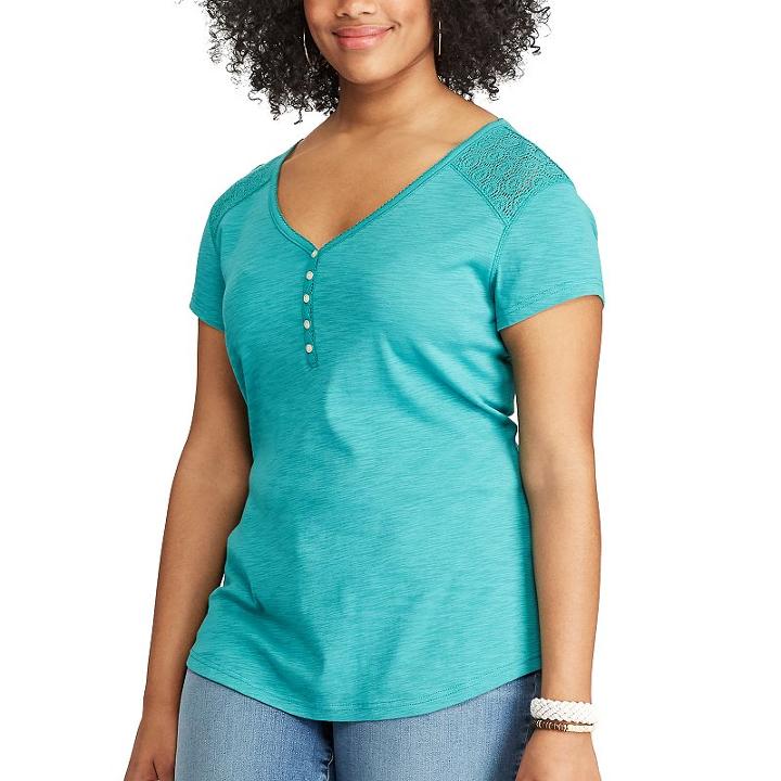 Plus Size Chaps Lace Yoke Henley, Women's, Size: 3xl, Turquoise/blue (turq/aqua)