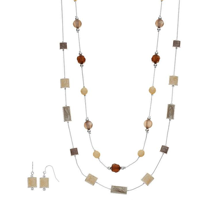 Multi Strand Station Necklace & Drop Earring Set, Women's, Brown