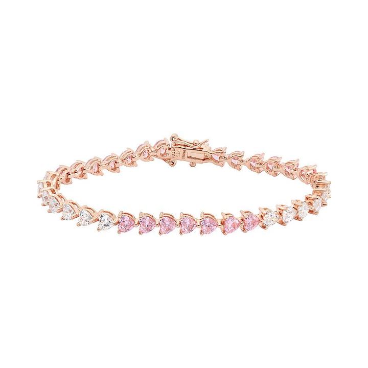 Cubic Zirconia 18k Rose Gold Over Silver Heart Bracelet, Women's, Size: 7, Pink