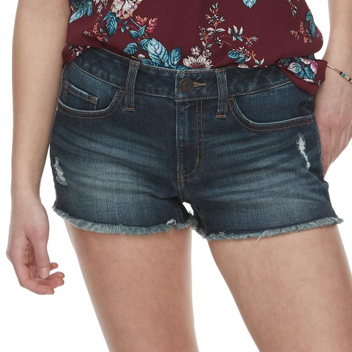 Juniors' So&reg; Low-rise Frayed Hem Shorts, Teens, Size: 3, Dark Blue