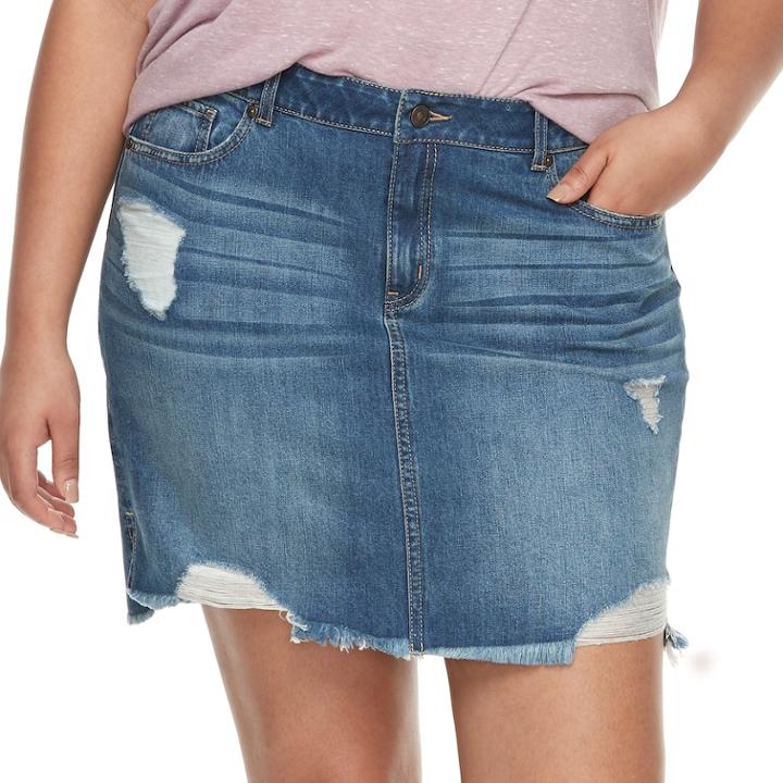 Juniors' Plus Size Rewash Distressed Medium Wash Mini Jean Skirt, Teens, Size: 16 W, Dark Blue