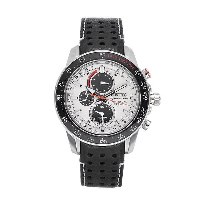 Seiko Men's Sportura Leather Solar Chronograph Watch - Ssc359, Black