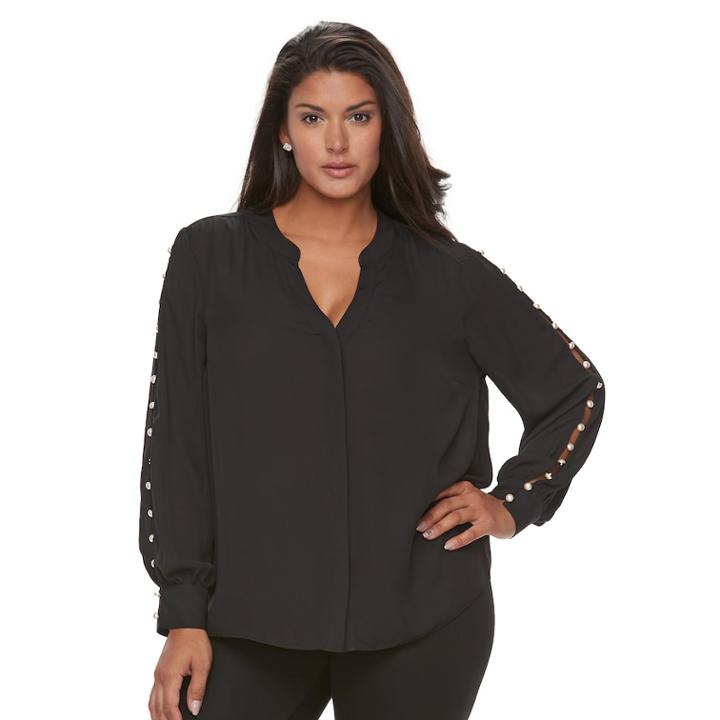 Plus Size Jennifer Lopez Pearl Accented Button-up Top, Women's, Size: 2xl, Black