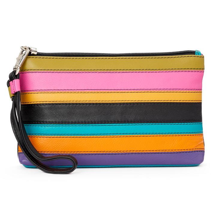 Ili Striped Leather Wristlet, Women's, Black Brights