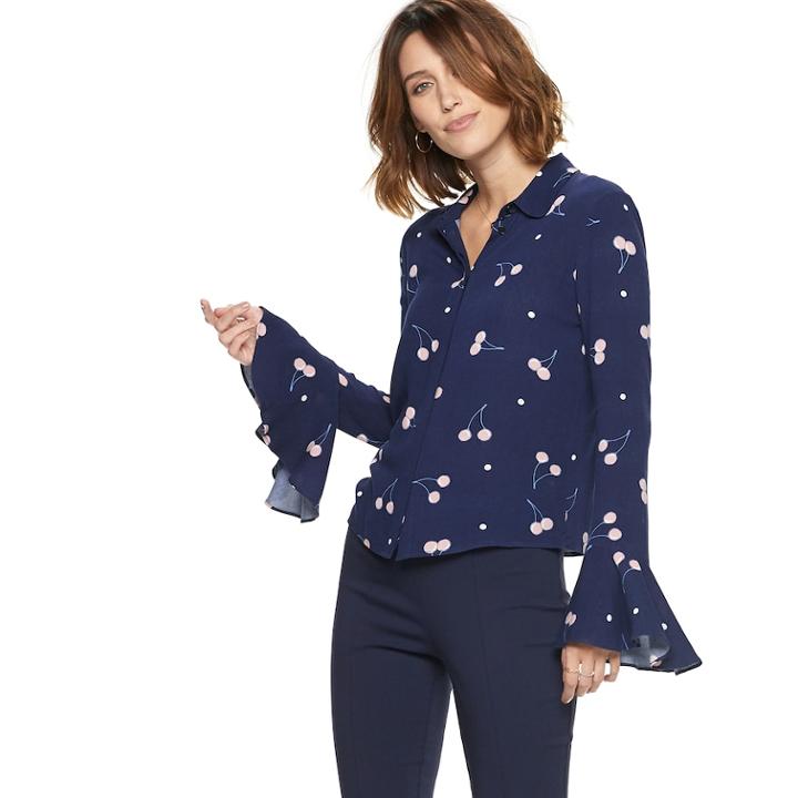 Women's Popsugar Flare-sleeve Blouse, Size: Large, Blue (navy)