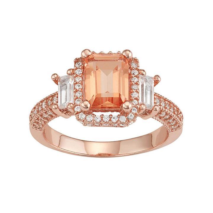 14k Rose Gold Over Silver Peach Quartz & Lab-created White Sapphire 3-stone Ring, Women's, Size: 6, Orange