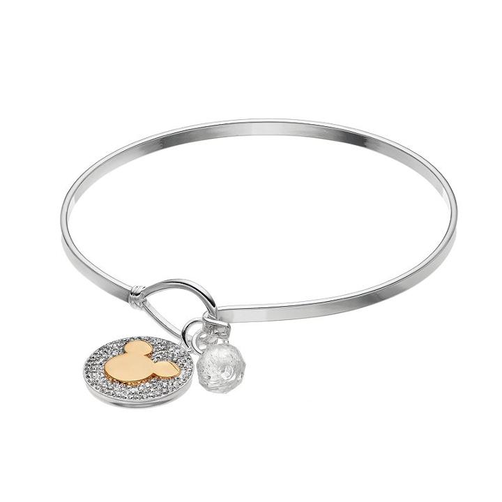 Disney's Mickey Mouse Two Tone Crystal Charm Bangle Bracelet, Women's, Grey