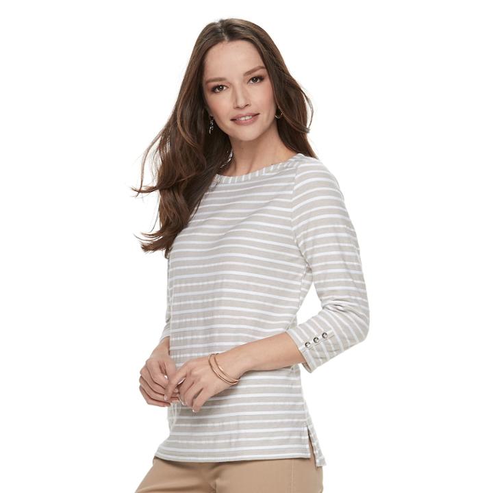 Women's Croft & Barrow&reg; Striped Button Sleeve Tee, Size: Large, Med Beige