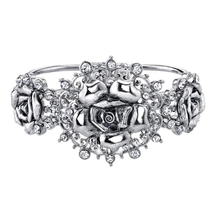 1928 Simulated Crystal Rose Hinge Bracelet, Women's, Size: 8, Grey