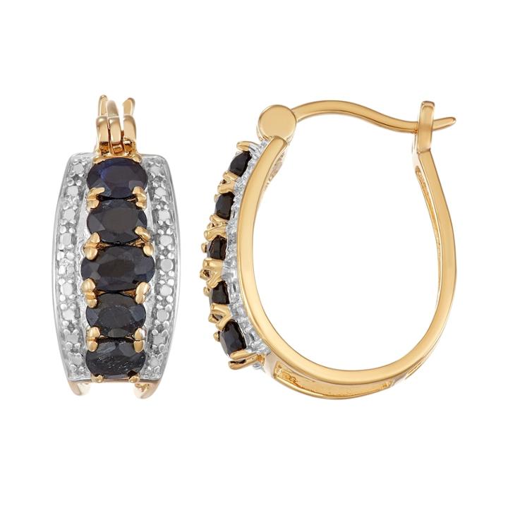 14k Gold Over Silver Black Sapphire & Diamond Accent Hoop Earrings, Women's, Blue