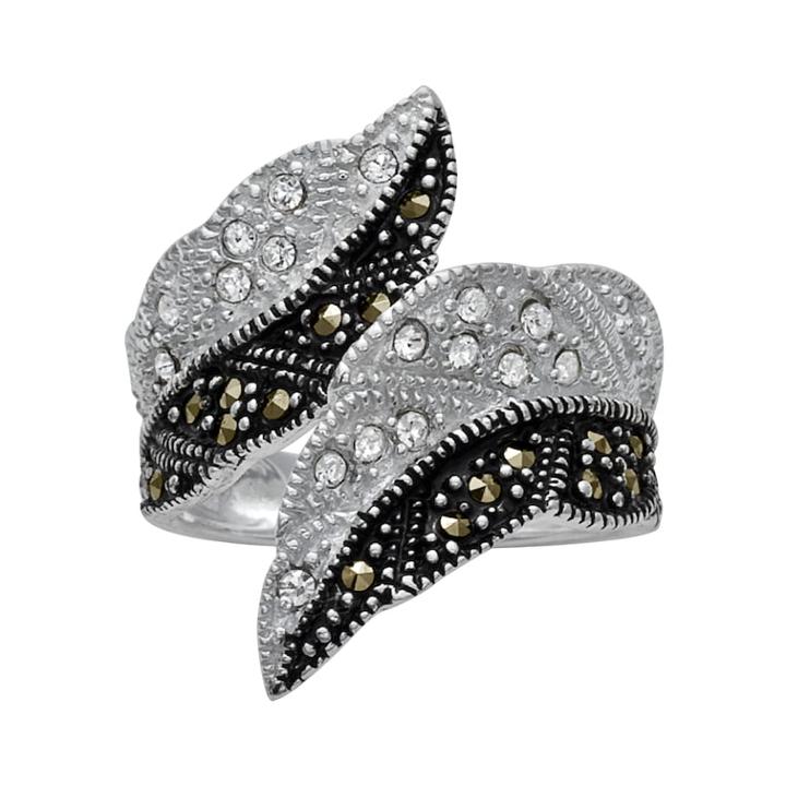 Silver Plated Crystal And Marcasite Leaf Bypass Ring, Women's, Size: 9, Black