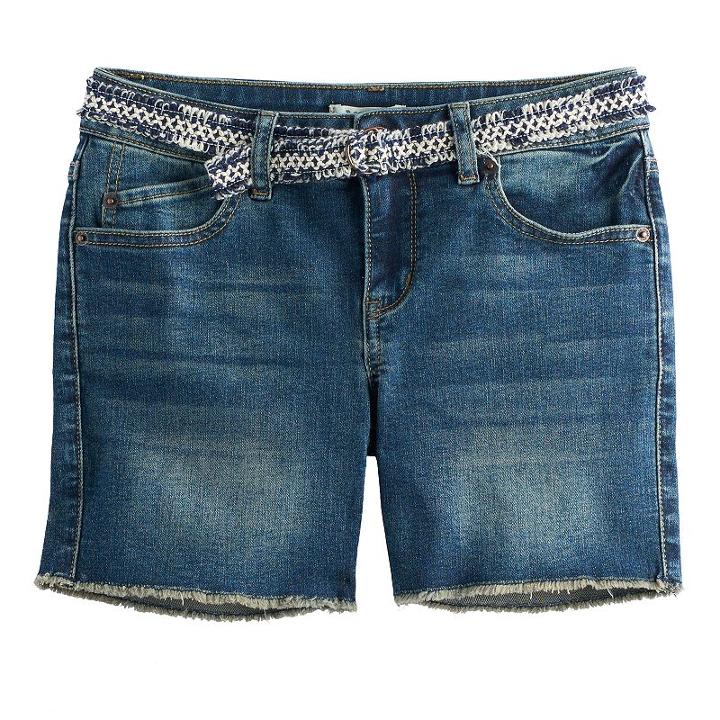 Girls 7-16 Mudd&reg; Frayed Hem Midi Jean Shorts With Belt, Size: 16, Blue