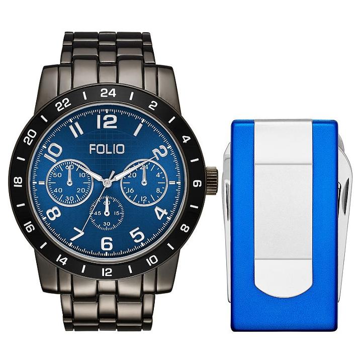 Folio Men's Chronograph Watch & Multi Tool Money Clip Set, Size: Large, Dark Grey