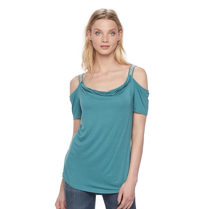 Women's Rock & Republic&reg; Chain Accent Cold-shoulder Top, Size: Medium, Green