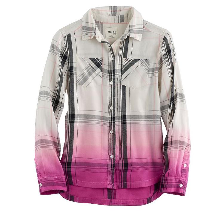 Girls 7-16 & Plus Size Mudd&reg; Curved Hem Plaid Button-down Shirt, Size: 16 1/2, White Oth