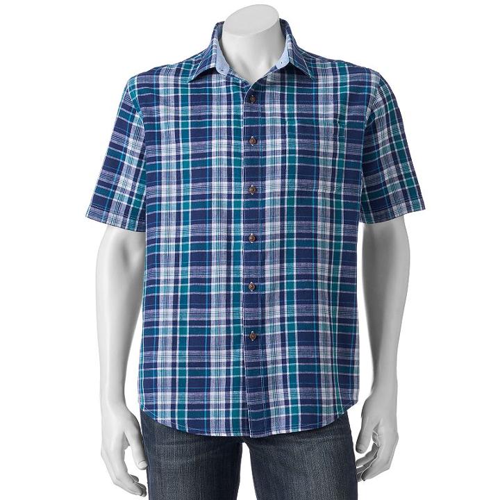 Men's Sonoma Goods For Life&trade; Modern-fit Plaid Linen-blend Button-down Shirt, Size: Xl, Blue (navy)
