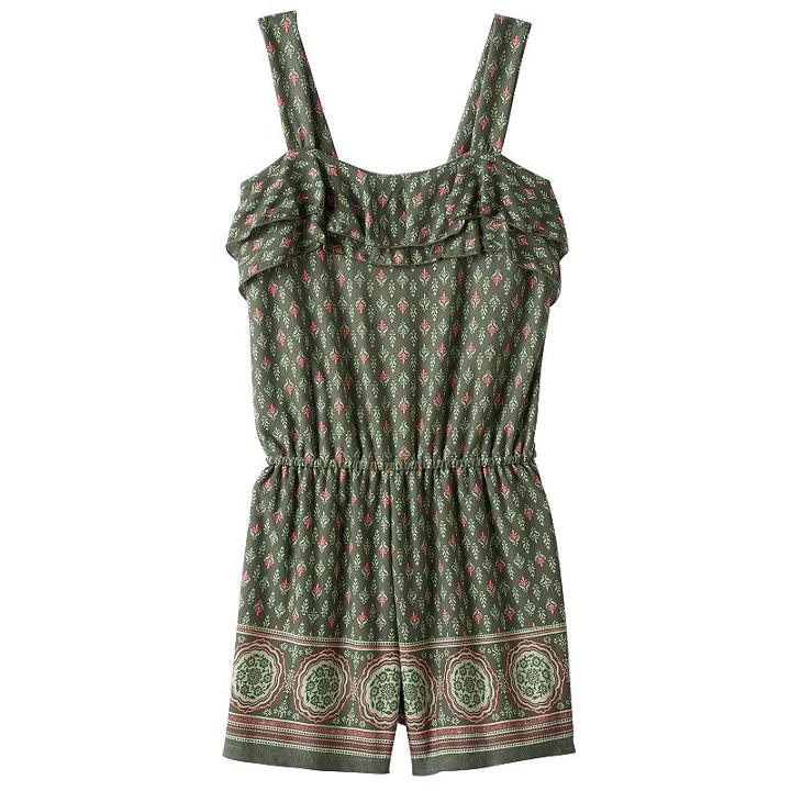 Girls 7-16 & Plus Size Mudd&reg; Ruffle Flounce Patterned Romper, Girl's, Size: M (12), Dark Green