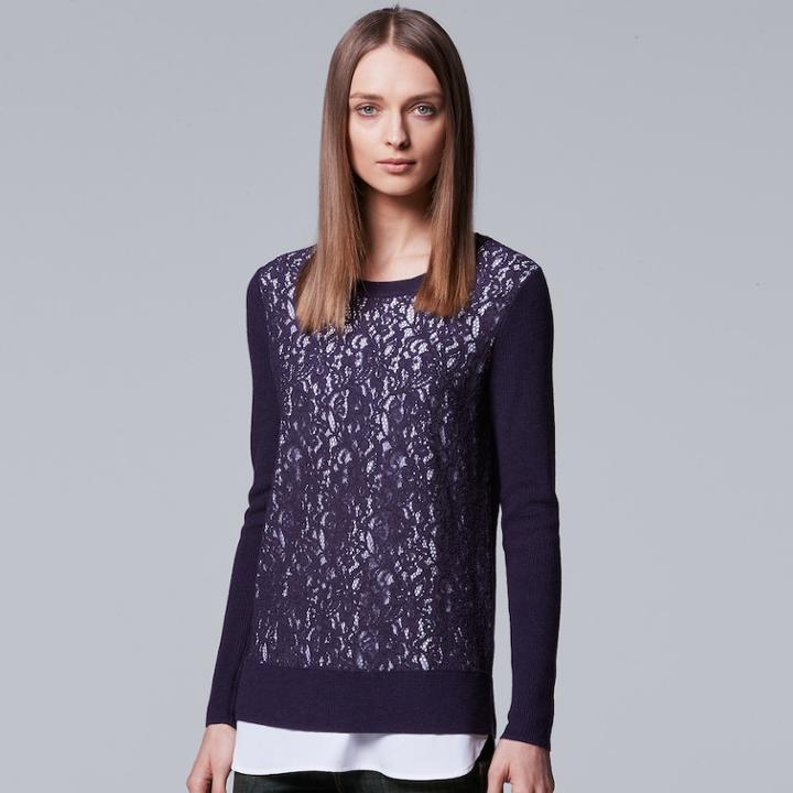 Women's Simply Vera Vera Wang Mock-layer Lace Sweater, Size: Small, Purple