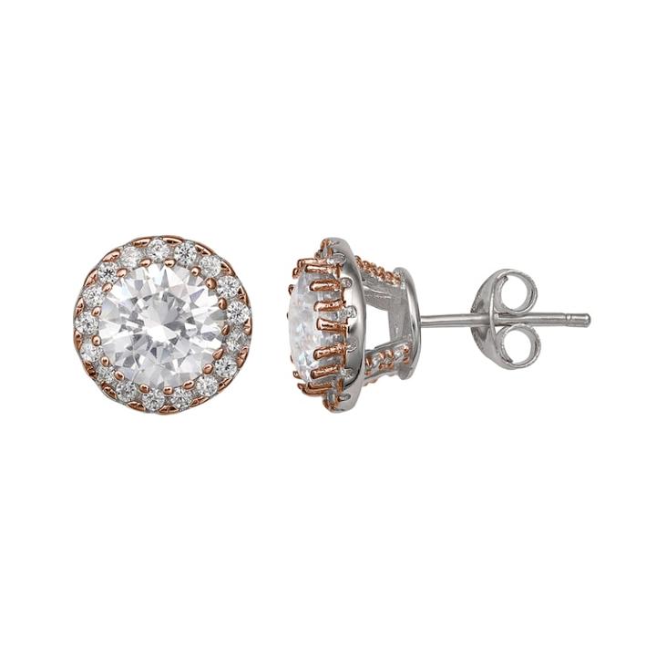 Primrose Two Tone Sterling Silver Cubic Zirconia Halo Stud Earrings, Women's, White