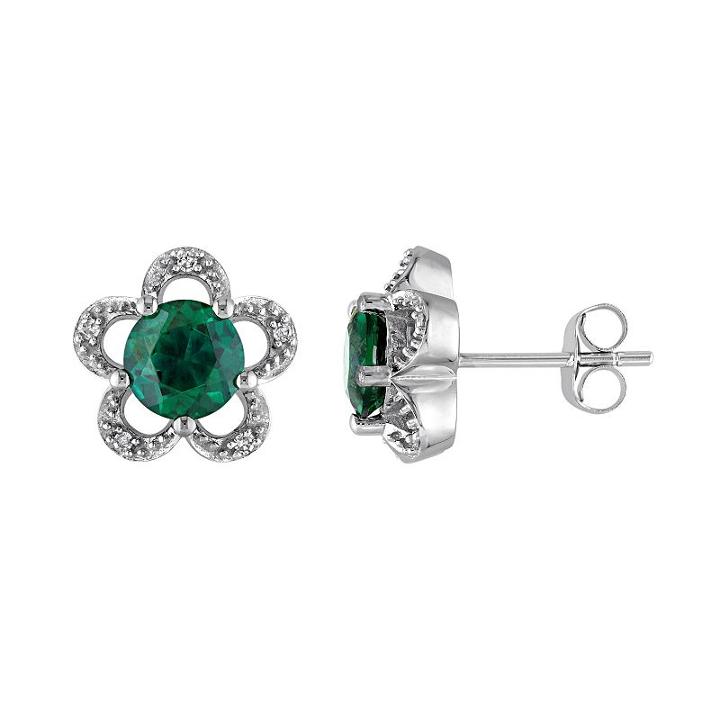 Laura Ashley 10k White Gold Lab-created Emerald & Diamond Accent Flower Stud Earrings, Women's, Green