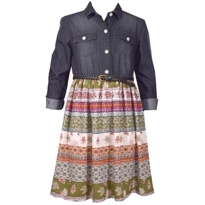 Girls 7-16 Bonnie Jean Print & Chambray Shirt Dress, Size: 14, Black