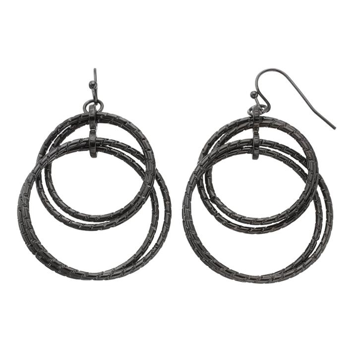 Textured Interlocking Double Drop Hoop Earrings, Women's, Dark Grey