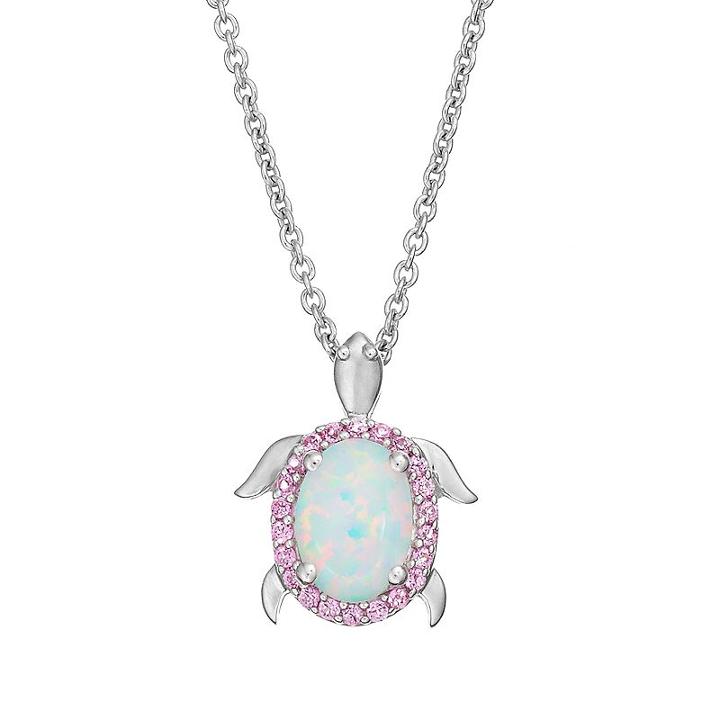 Lab-created Opal & Lab-created Pink Sapphire Sterling Silver Turtle Pendant Necklace, Women's, White