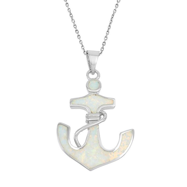 Lab-created Opal & Cubic Zirconia Sterling Silver Anchor Pendant Necklace, Women's, Size: 18, White