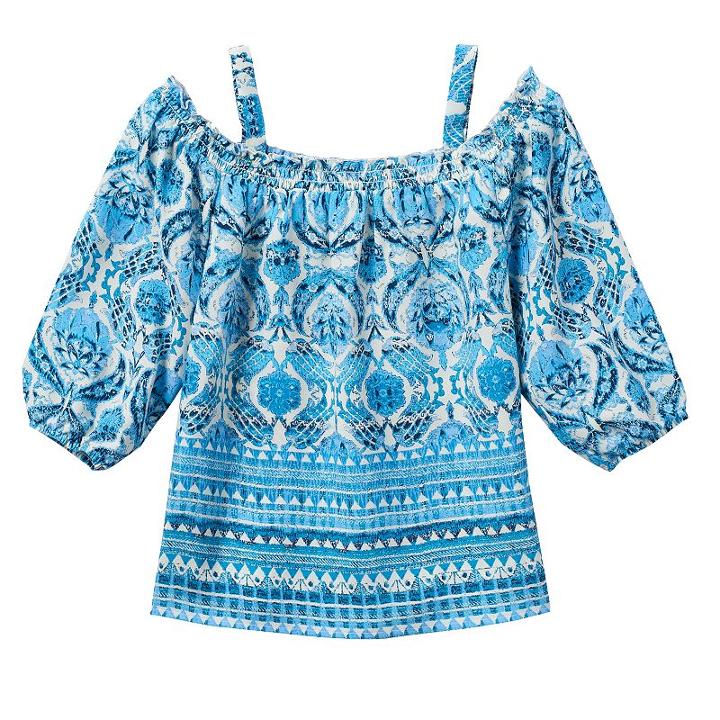 Girls 7-16 Rewind Off Shoulder Patterned Smocked Top, Girl's, Size: Large, Turquoise/blue (turq/aqua)